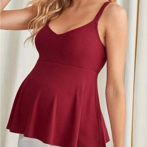 Shein Maternity Peplum Tank TOP Burgundy Causal stretch ruffle rib knit MEDIUM - Picture 5 of 8
